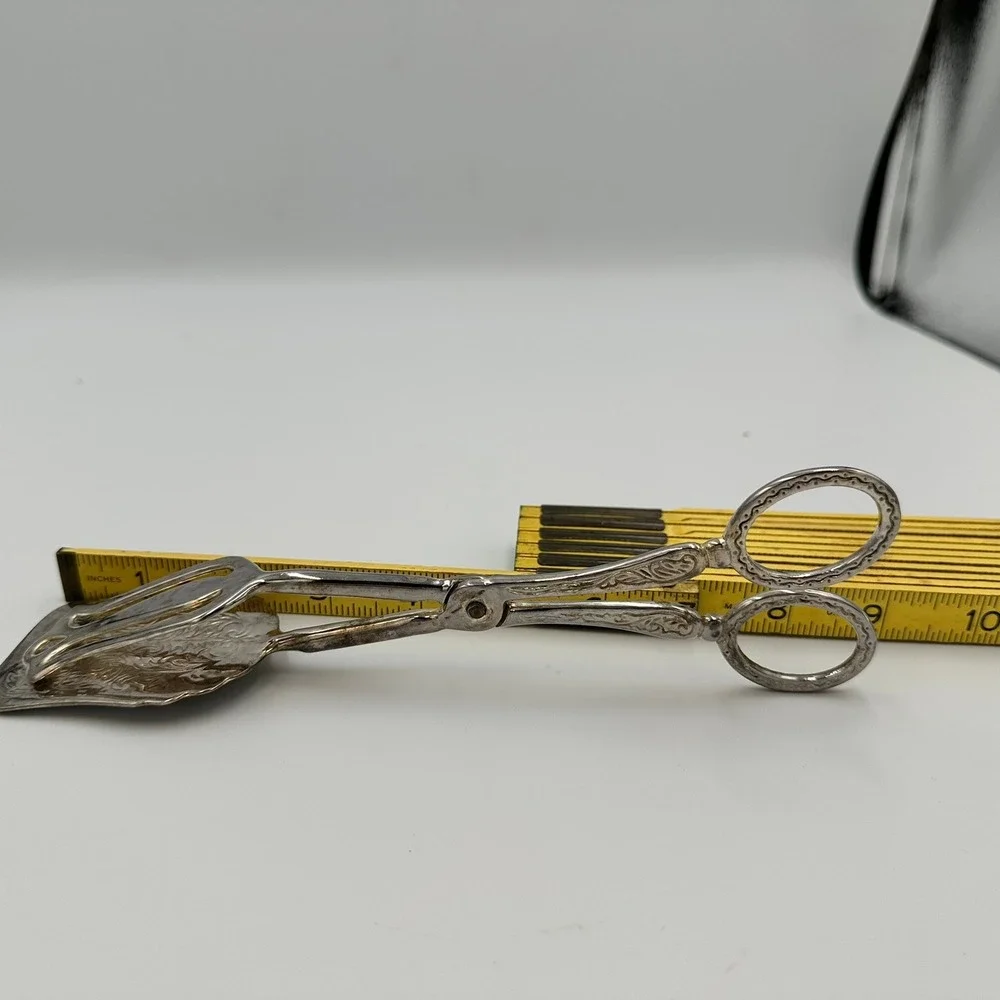 Vintage Ornate Silver Plated Scissor Serving Tongs EP Zinc Repousse Pastry Tongs